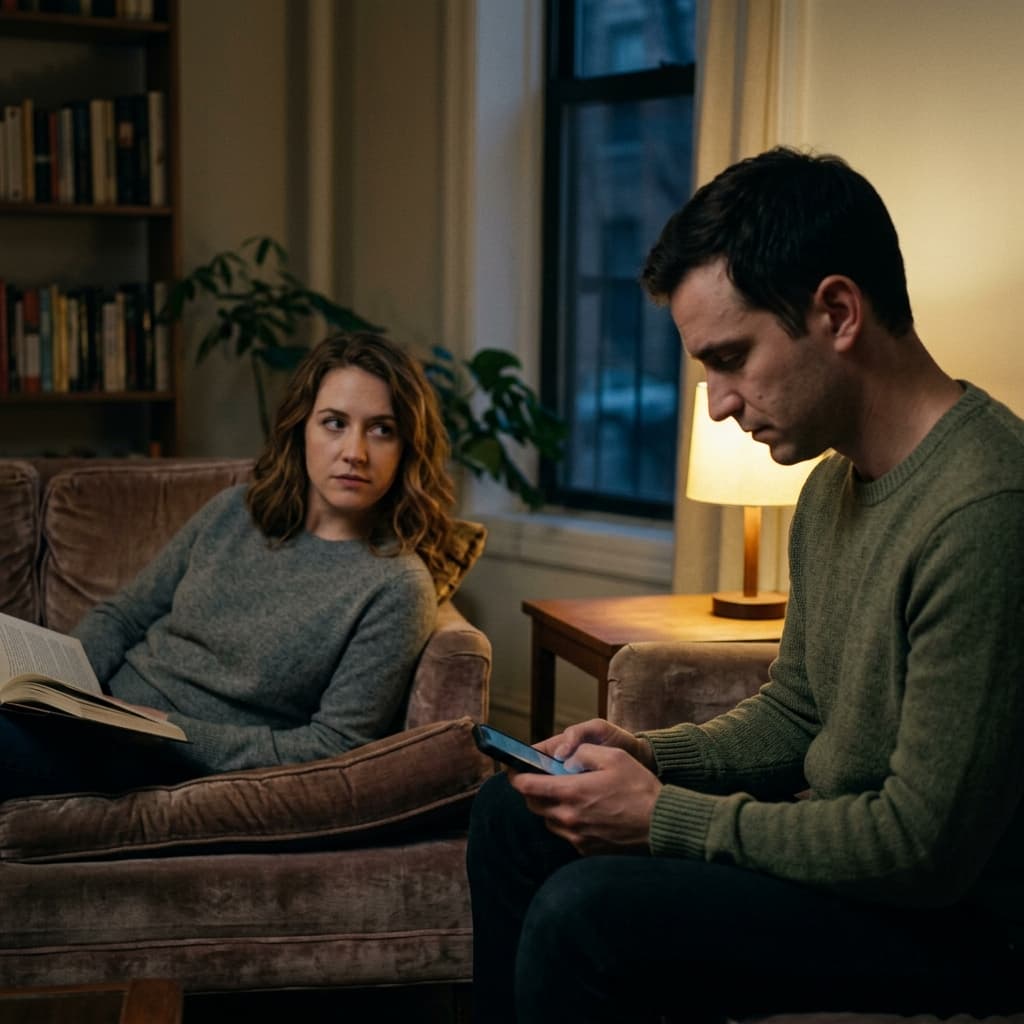Person privately checking their phone at home, a quiet moment of concern